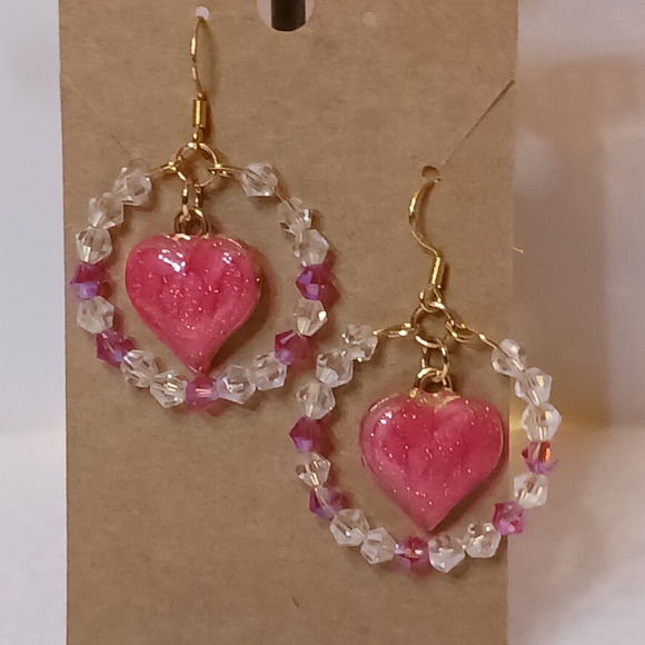 Earrings pink enameled heart charm,clear and pink crystals. - Picture 4 of 6